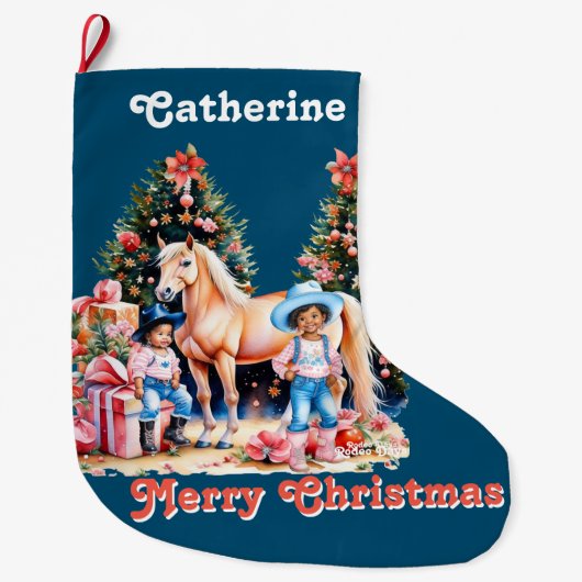 ブラック女性のカーボーイ冬のシーンホースメリークリスマス ラージクリスマスストッキング (正面)