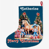 ブラック女性のカーボーイ冬のシーンホースメリークリスマス ラージクリスマスストッキング (裏面)