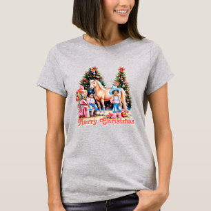 ブラック女性のカーボーイ冬のシーンホースメリークリスマス Tシャツ