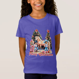 ブラック女性のカーボーイ冬のシーンホースメリークリスマス Tシャツ