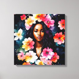 ブラック女数々の色フローラ水彩画 キャンバスプリント