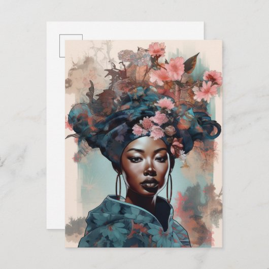 ブラック女神クイーンピンクブルーファンタジーアート ポストカード (正面/裏面)