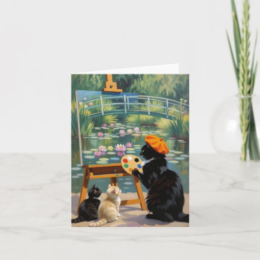 ブラック子猫アーティス絵を描トのモネ睡蓮 サンキューカード (正面)