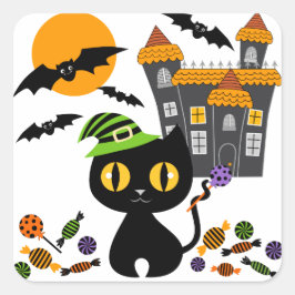 ブラック子猫ハロウィーンステッカー スクエアシール