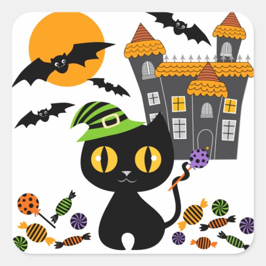 ブラック子猫ハロウィーンステッカー スクエアシール (正面)