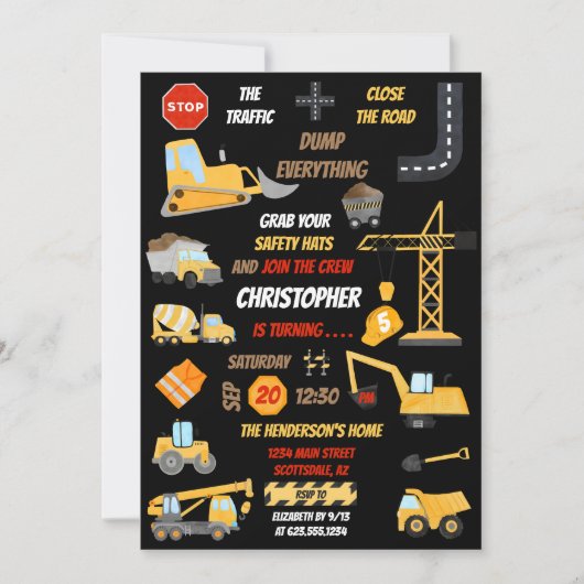ブラック建築ダンプトラック子供の誕生日写真 招待状 (正面)