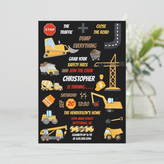 ブラック建築ダンプトラック子供の誕生日写真 招待状 (スタンド正面)
