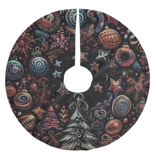 ブラック懸命パステルスケッチクリスマスモティフ ブラッシュドポリエステルツリースカート (正面)