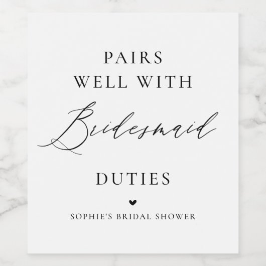 ブラック手書きカリグラフィーのブライズメイド ワインラベル (シングルラベル)