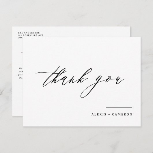 ブラック手書きカリグラフィー結婚式感謝状 ポストカード (正面/裏面)