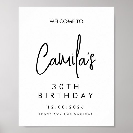 ブラック手書きスクリプト 30歳の誕生日ウェルカム ポスター (正面)