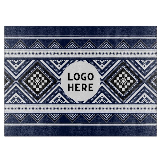 ブラック抽象芸術エスニック幾何学模様(ロゴ付き) カッティングボード (正面)