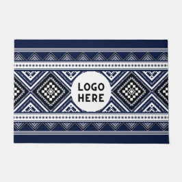 ブラック抽象芸術エスニック幾何学模様（ロゴ付き） ドアマット