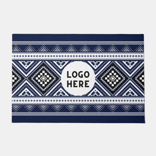 ブラック抽象芸術エスニック幾何学模様（ロゴ付き） ドアマット (正面)