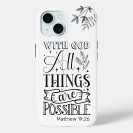 ブラック文字タイポグラフィ、マタイ19:26聖なる書物、 経典 iPhone 15ケース