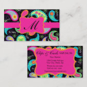 ブラック明るい赤紫色ピンクモダンペイズリーパターンモノグラム 名刺 (正面/裏面)