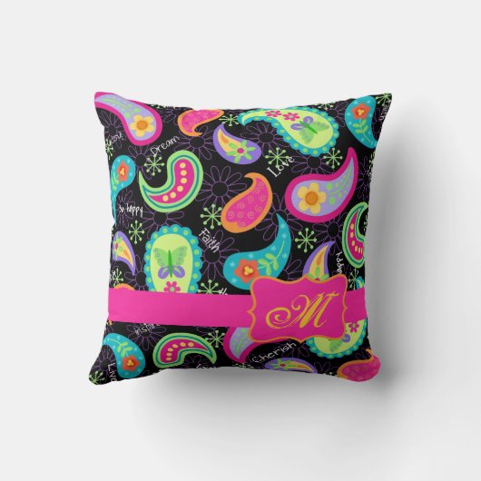 ブラック明るい赤紫色ピンクモダンペイズリーモノグラム クッション (裏面)
