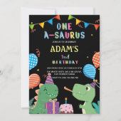 ブラック最初の1歳の誕生日パーティー恐竜&ケーキ 招待状 (正面)