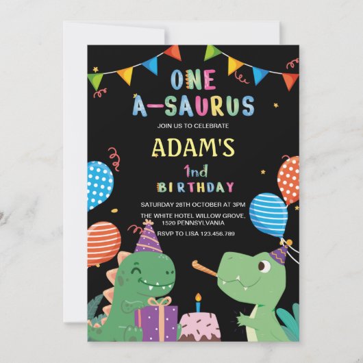 ブラック最初の1歳の誕生日パーティー恐竜&ケーキ 招待状 (正面)