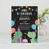 ブラック最初の1歳の誕生日パーティー恐竜&ケーキ 招待状 (スタンド正面)