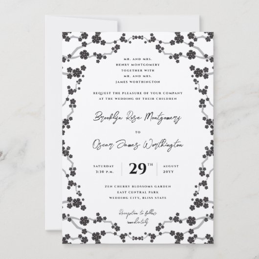 ブラック桜さくらんぼスタイリッシュ咲きアジア結婚ズ 招待状 (正面)