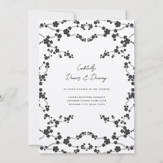 ブラック桜さくらんぼスタイリッシュ咲きアジア結婚ズ 招待状 (裏面)