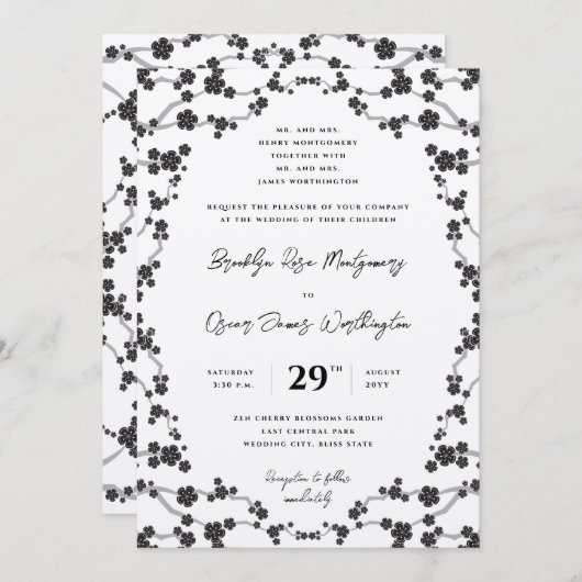 ブラック桜さくらんぼスタイリッシュ咲きアジア結婚ズ 招待状 (正面/裏面)