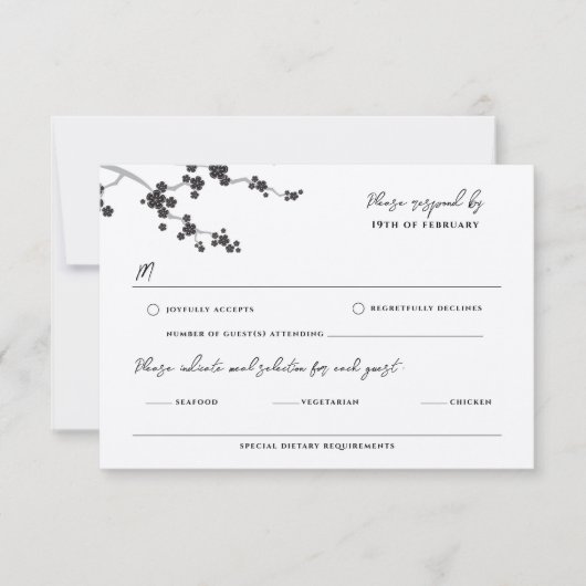 ブラック桜さくらんぼブロッサムエレガントアジア結婚ズ 出欠カード (正面)