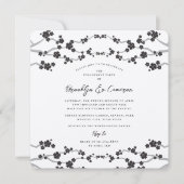 ブラック桜さくらんぼ花咲き上品なアジ結婚アン 招待状 (正面)