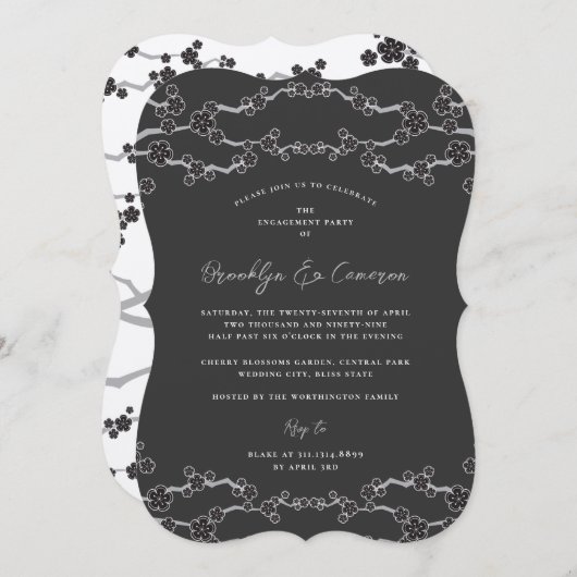 ブラック桜さくらんぼ花咲き禅ウェディングレセプション 招待状 (正面/裏面)