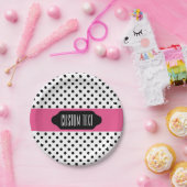 ブラック水玉模様とピンクストライプのカスタムプレート ペーパープレート (パーティー)