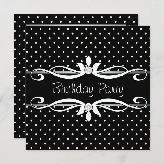 ブラック水玉模様ウーマンズバースデーパーティー 招待状 (正面/裏面)