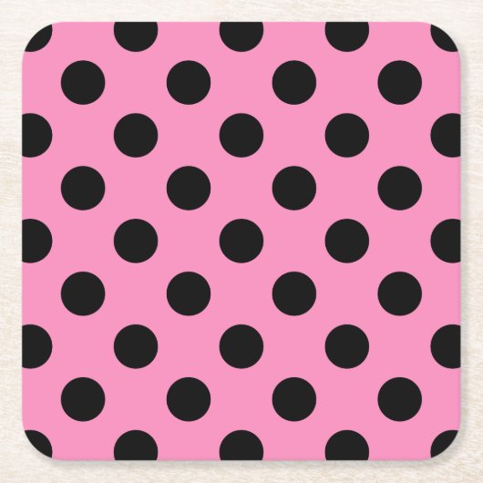 ブラック水玉模様オンピンク スクエアペーパーコースター (正面)