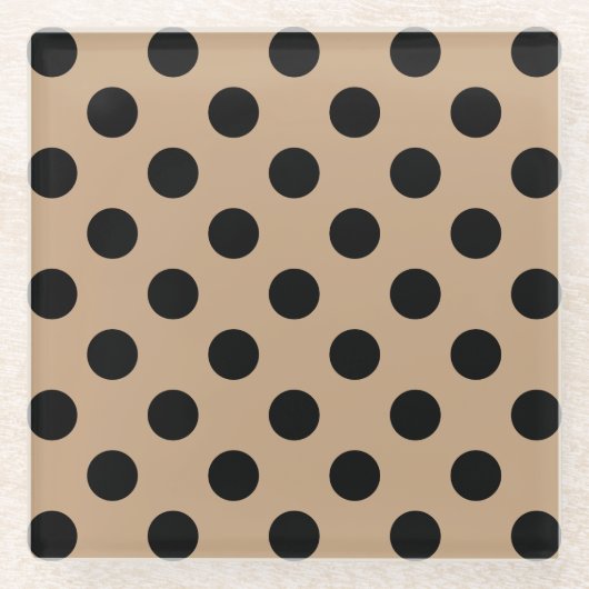 ブラック水玉模様オンベージュ ガラスコースター (正面)