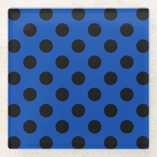 ブラック水玉模様オン王室のブルー ガラスコースター (正面)