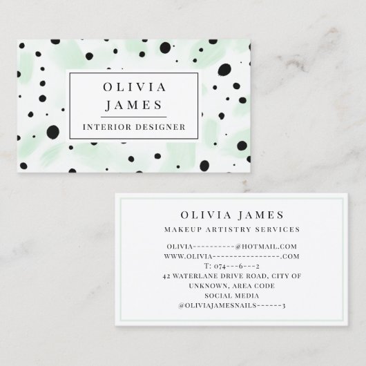ブラック水玉模様グリーンウォーター色スプラッシュモダン 名刺 (正面/裏面)