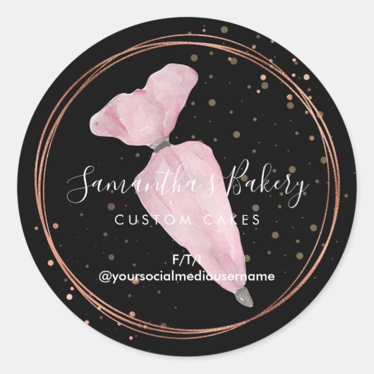 ブラック水玉模様パティシケーキデザイナーベーカリーシェフ ラウンドシール (正面)