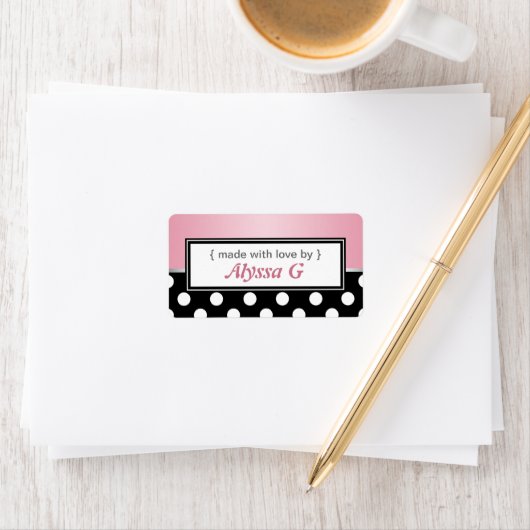 ブラック水玉模様ピンクパーソナライズされたベーキングラベル ラベル (インサイチュ)