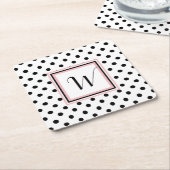 ブラック水玉模様モノグラムの紙コースター スクエアペーパーコースター (アングル)