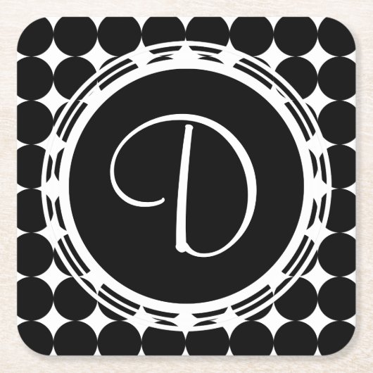 ブラック水玉模様モノグラム スクエアペーパーコースター (正面)