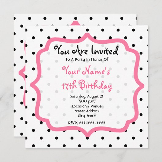 ブラック水玉模様&ピンクの誕生日パーティー 招待状 (正面/裏面)
