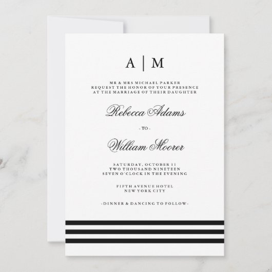 ブラック洗練されたストライプ結婚式招待状 招待状 (正面)