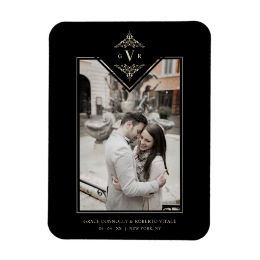 ブラック洗練されたフローリッシュシックゴールデンイニシャル マグネット (縦)