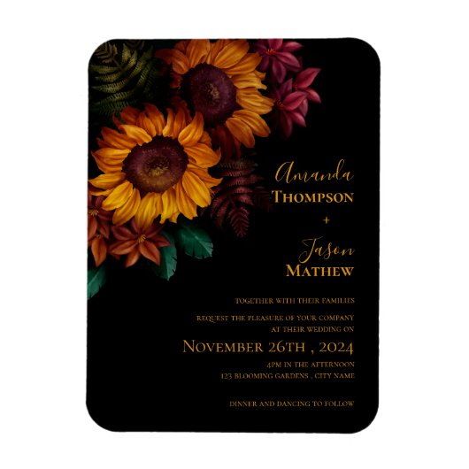 ブラック焦げオレンジフローラ結婚式招待状 マグネット (縦)