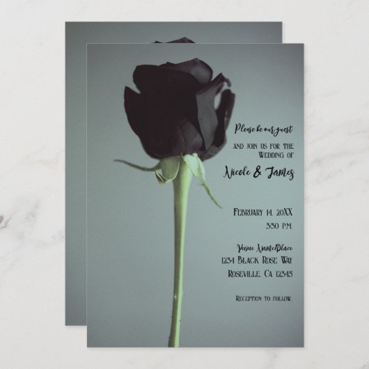ブラック独身のムーディグレーロマンチックなエレガントな結婚式 招待状 (正面/裏面)