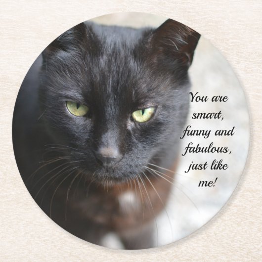 ブラック猫好きイメージとやる気を起こさせる引用文 ラウンドペーパーコースター (正面)