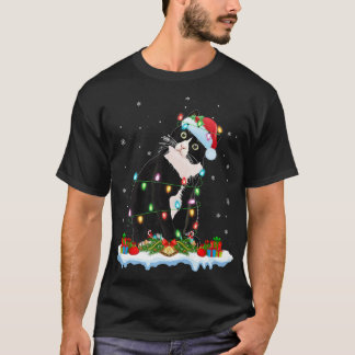 ブラック猫好きクリスマスライトサンタブラックキャットキリスト Tシャツ