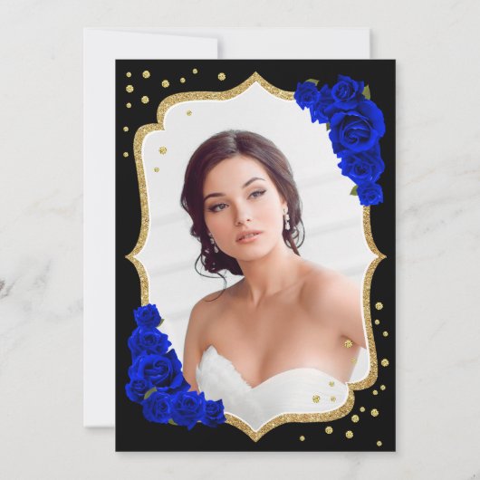 ブラック王室のブルー金ゴールド写真キンセアニェラ 招待状 (裏面)