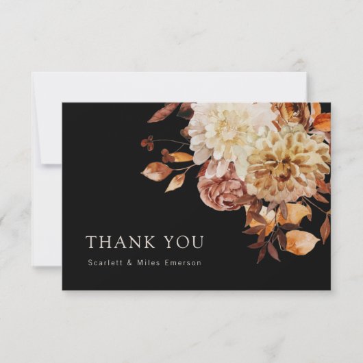 ブラック秋テラコッタウォーターカラー結婚フローラ サンキューカード (正面)