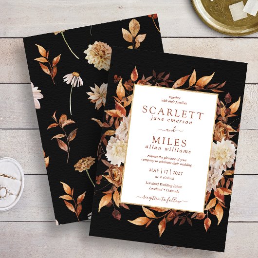 ブラック秋テラコッタウォーターカラー結婚フローラ 招待状
